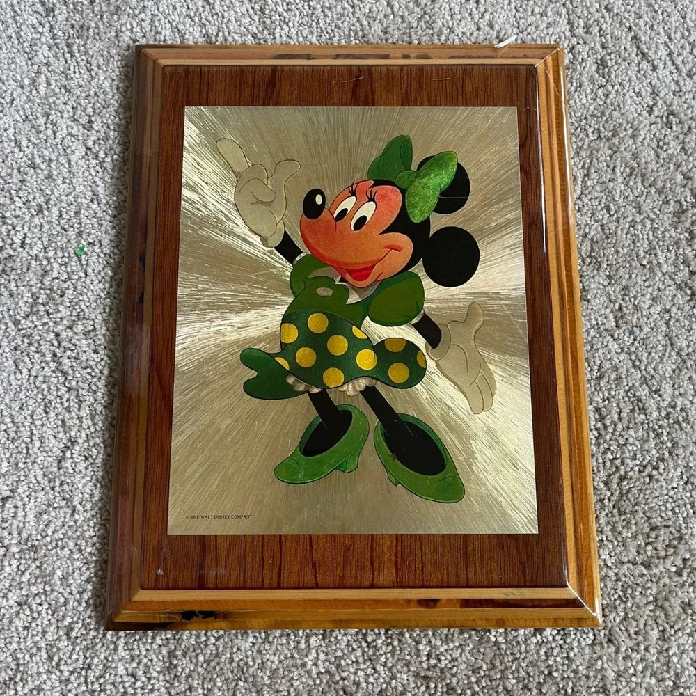 Vintage Disney Minnie Mouse Wooden Plaque Wall Art Green Dress Polka Dot Retro